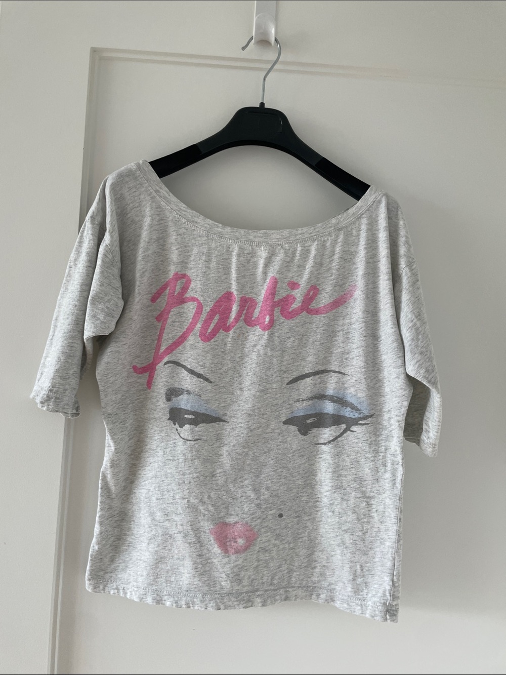 Barbie Light Gray Tee with Pink Script and Blue Eye Makeup